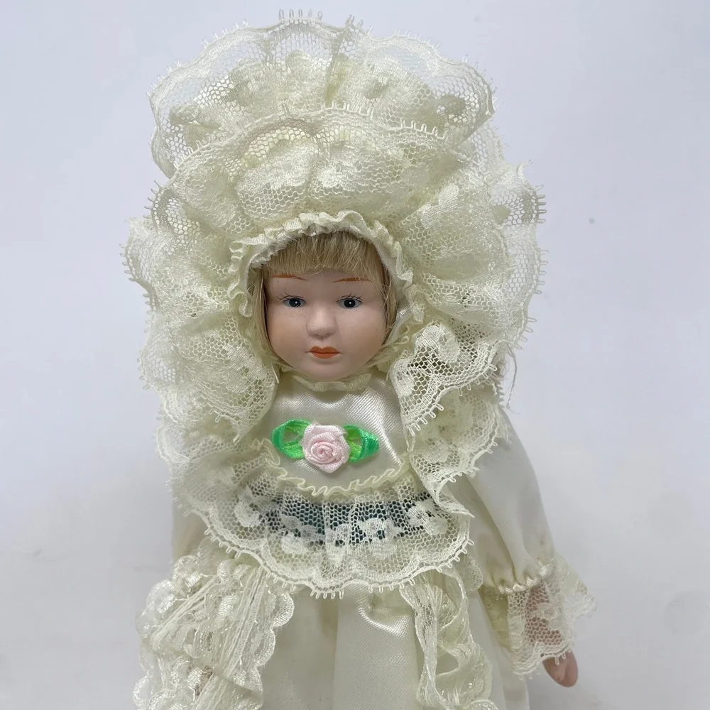 Vintage Porcelain Collector Doll 11.5 Inch Ivory Lace Satin Gown with Stand